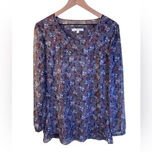 CAbi Tapestry Women's Floral Tunic Top Blouse - Blue and Brown Style 157 Small